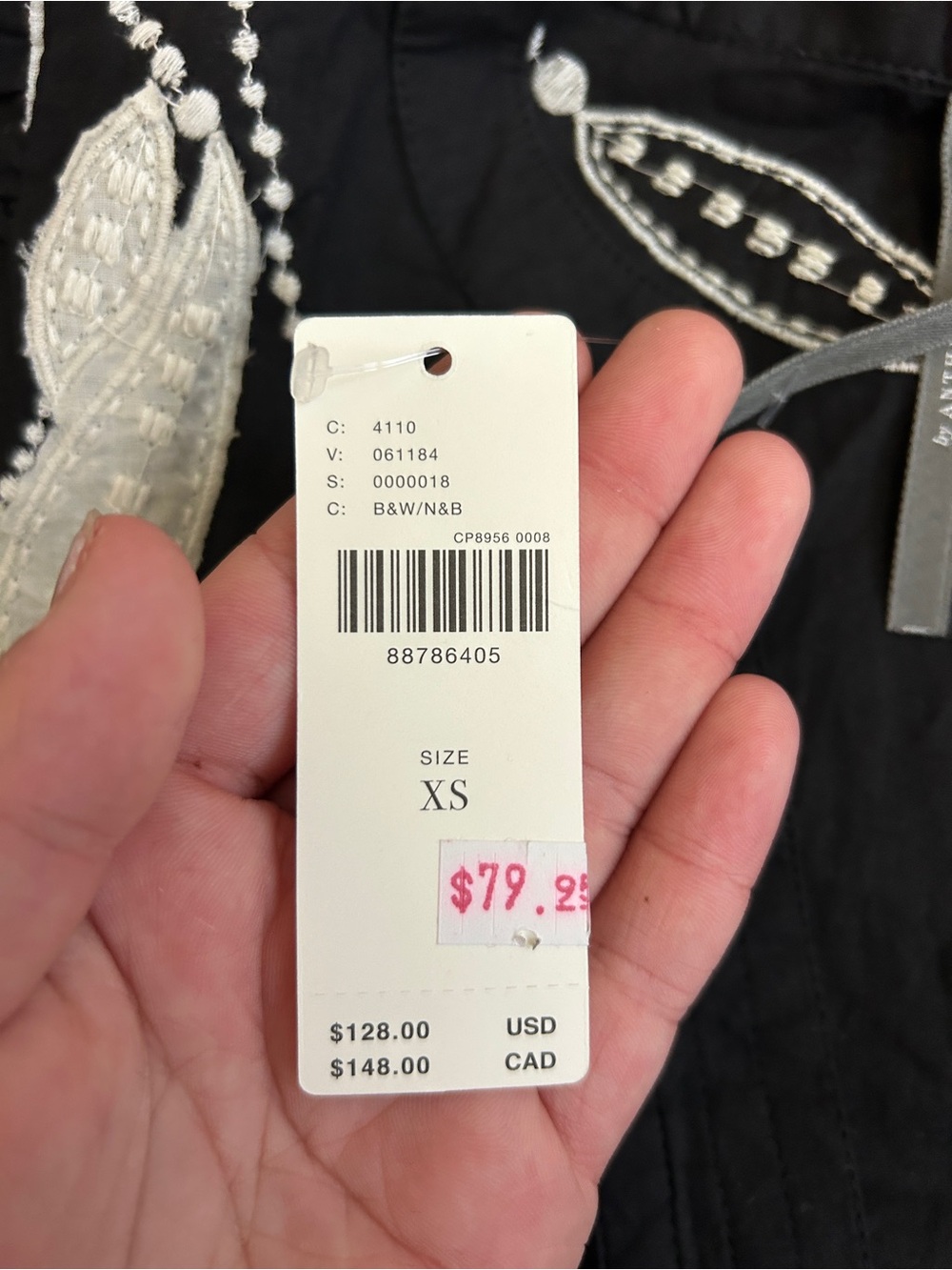 Anthropologie Black Top with White Leaf Embroidery - Picture 4 of 4